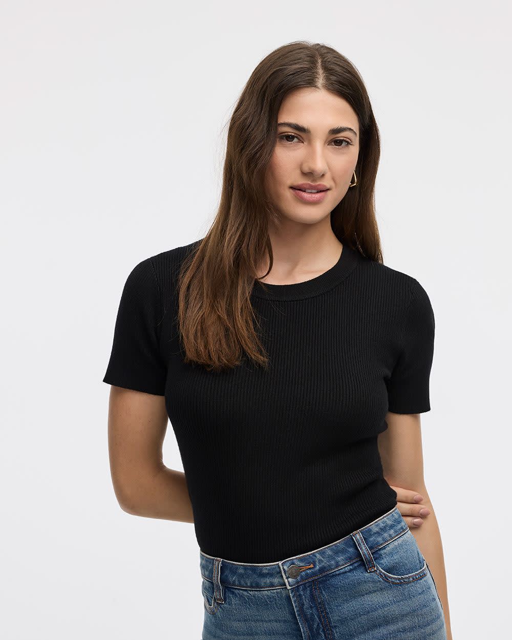Short-Sleeve Crew-Neck Ribbed Sweater