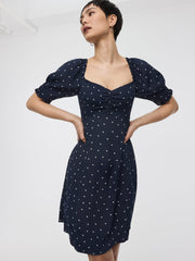 Short-Puffy-Sleeve Empire-Cut Dress with Sweetheart Neckline