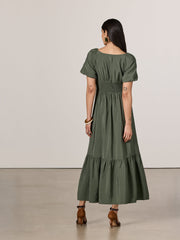 Short-Puffy-Sleeve Tiered Maxi Dress