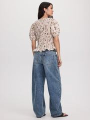 Smocked Blouse with Short Bubble Sleeves