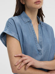 Extended-Sleeve Shift Denim Dress with V Neckline
