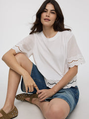 Short-Sleeve Mix-Media Top with Embroidered Trims