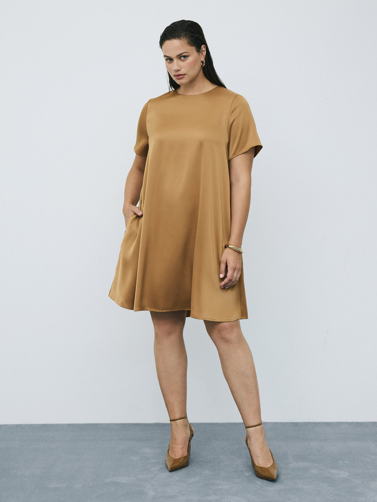 Short-Sleeve Crew-Neck Swing Satin Mini Dress