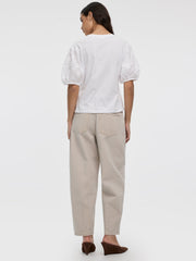 Crew-Neck Mix-Media Top with Short Puffy Sleeves