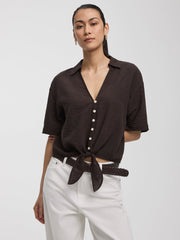 Short-Sleeve V-Neck Blouse with Self-Tie Closure