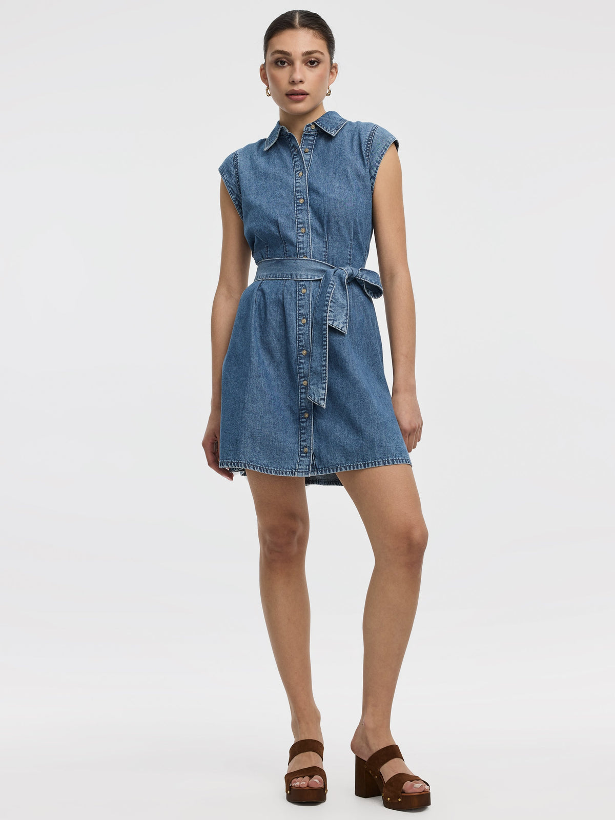 Cap-Sleeve Belted Denim Shirtdress
