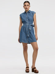 Cap-Sleeve Belted Denim Shirtdress