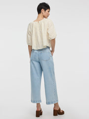 Elbow-Sleeve Scoop-Neck Eyelet Blouse