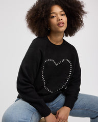Long-Sleeve Crew-Neck Pullover with Heart Embroidery