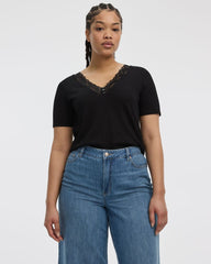 Short-Sleeve V-Neck Tee with Lace Trim