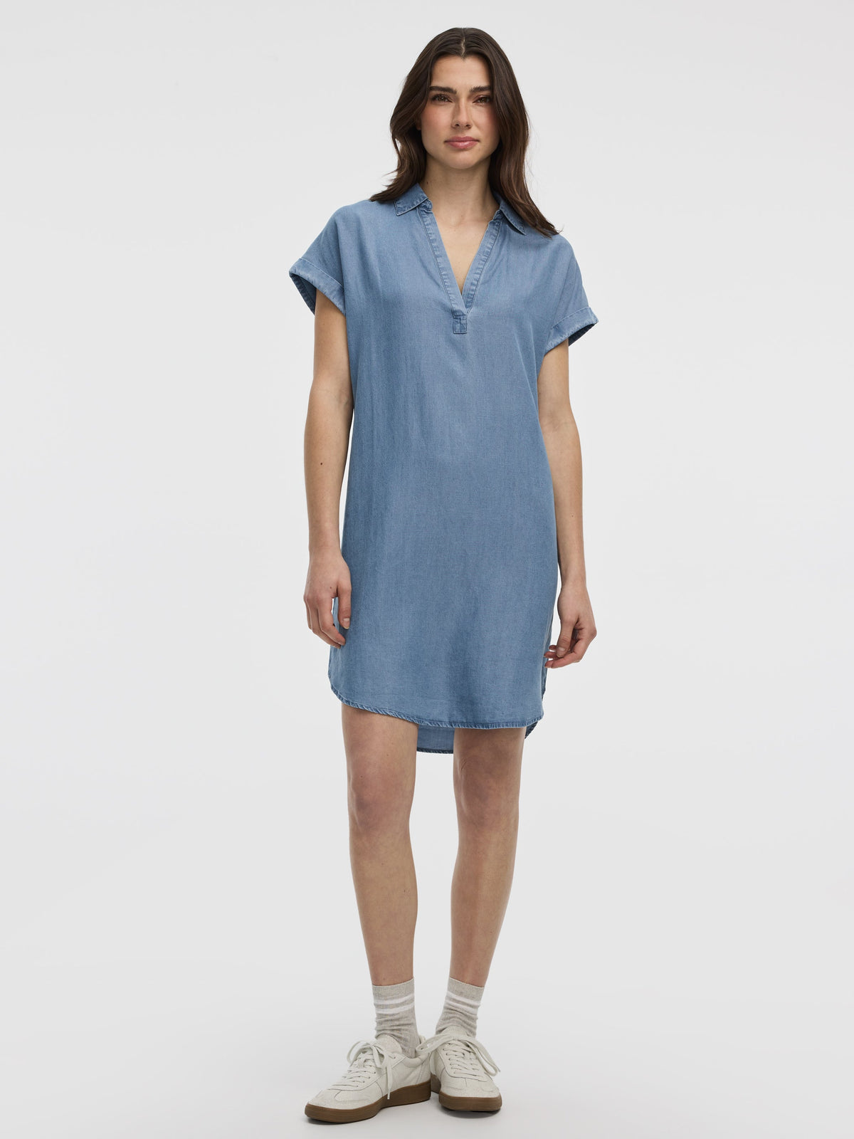 Extended-Sleeve Shift Denim Dress with V Neckline
