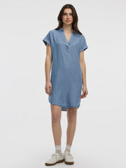 Extended-Sleeve Shift Denim Dress with V Neckline
