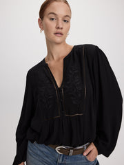 Long-Sleeve Split-Neck Blouse with Embroideries