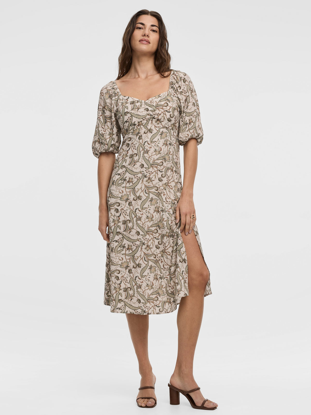 Short-Sleeve Midi Dress with Sweetheart Neckline