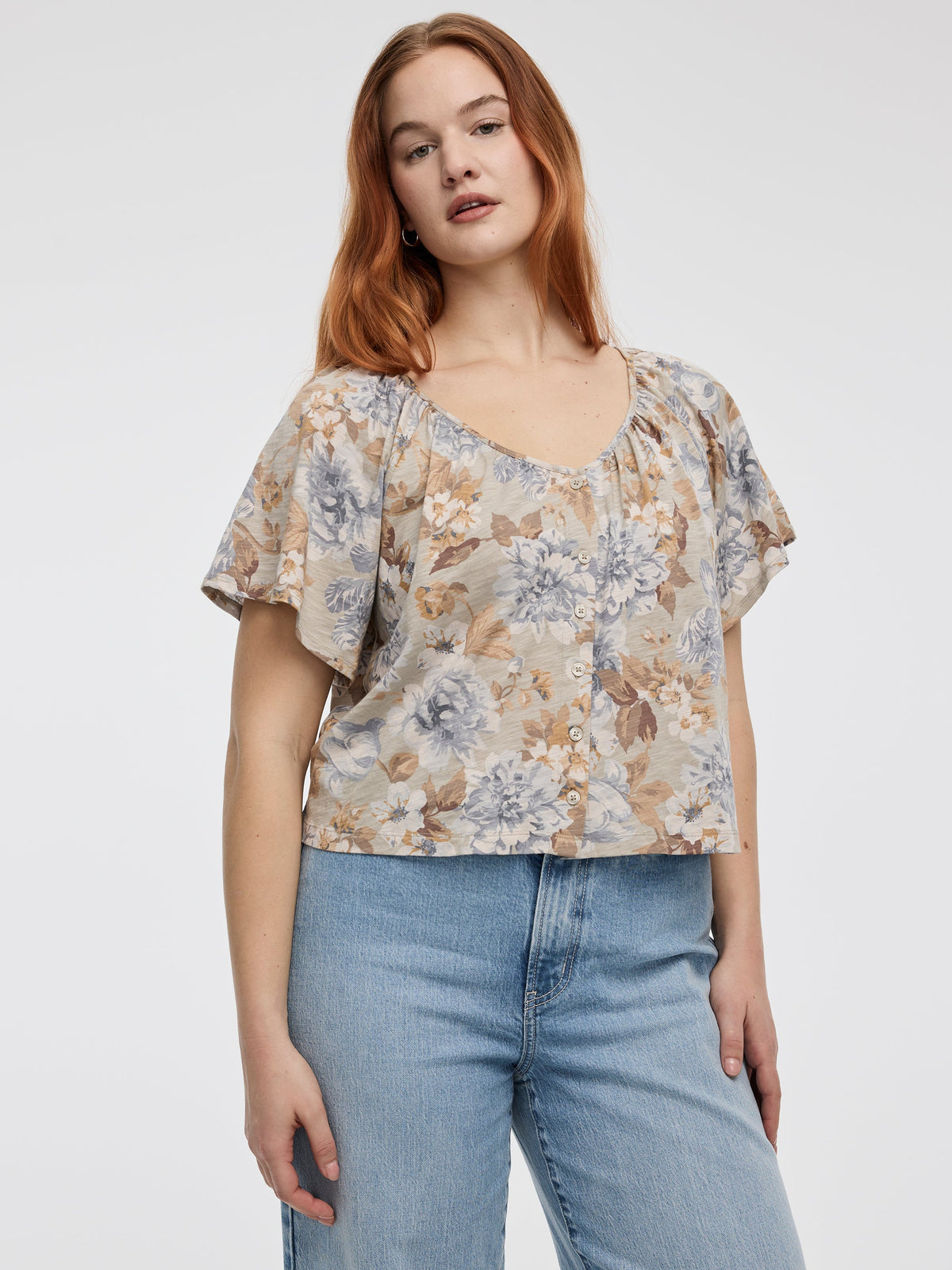 Short-Flutter-Sleeve V-Neck Buttoned-Down Blouse