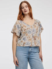 Short-Flutter-Sleeve V-Neck Buttoned-Down Blouse