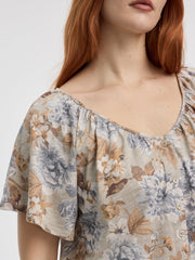 Short-Flutter-Sleeve V-Neck Buttoned-Down Blouse