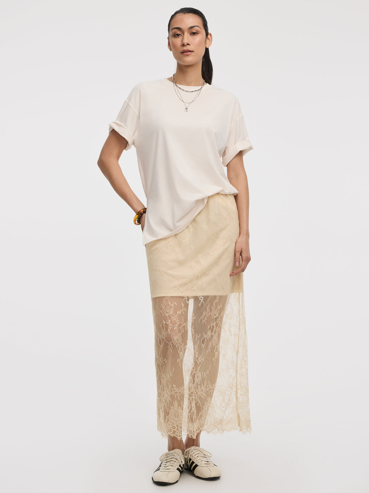 Midi Mesh Skirt with Lace Trim
