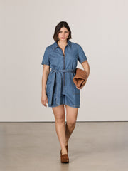 Short-Sleeve Denim Mini Dress Romper