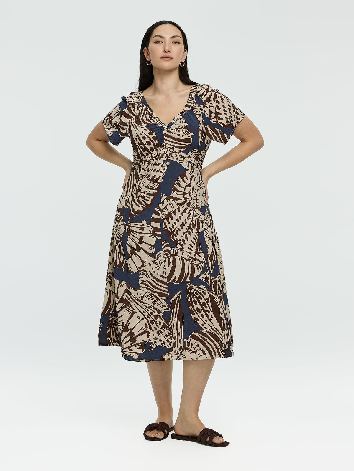 Short-Sleeve Midi Dress with V Neckline