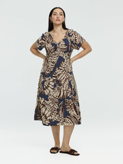Short-Sleeve Midi Dress with V Neckline