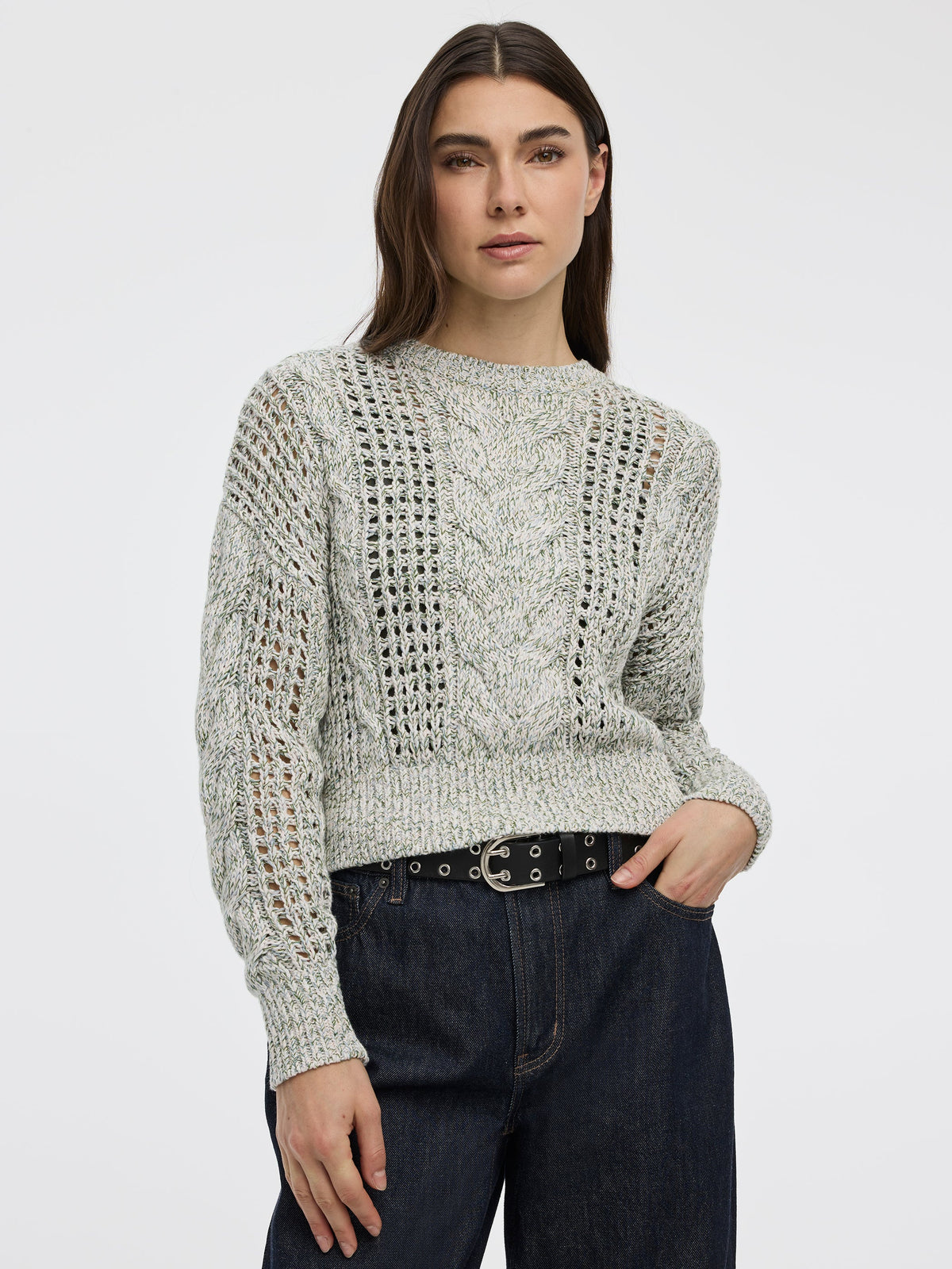 Long-Sleeve Crew-Neck Sweater with Open Stitches