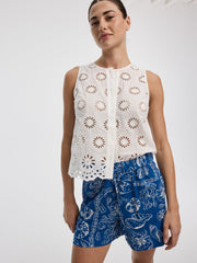 Crew-Neck Buttoned Tank with Eyelets