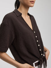 Short-Sleeve V-Neck Blouse with Self-Tie Closure