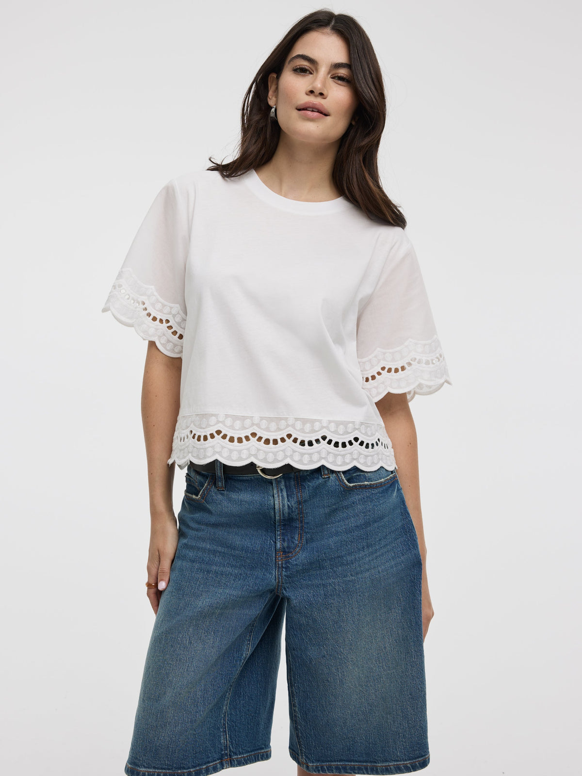 Short-Sleeve Mix-Media Top with Embroidered Trims