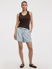 Pleated Denim Shorts