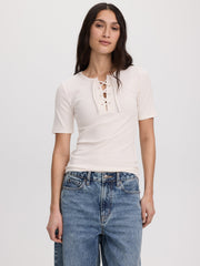 Short-Sleeve Top with Lace-Up Split Neckline