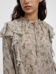 Long-Sleeve Split-Neck Blouse with Ruffled Details