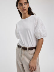 Crew-Neck Mix-Media Top with Short Puffy Sleeves