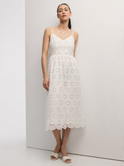 Sleeveless Midi Eyelet Dress with Sweetheart Neckline