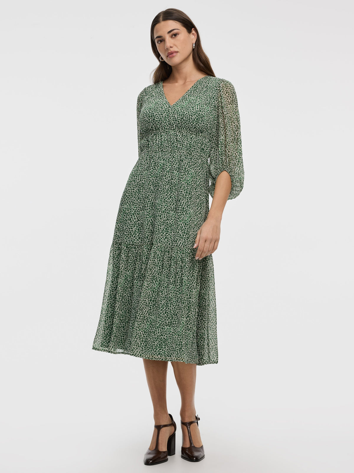 V-Neck Empire Midi Dress with Sheer Sleeves