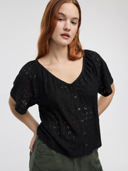 Short-Flutter-Sleeve V-Neck Buttoned-Down Blouse