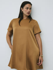 Short-Sleeve Crew-Neck Swing Satin Mini Dress