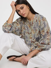 Crew-Neck Buttoned-Down Gauze Blouse