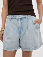Pleated Denim Shorts
