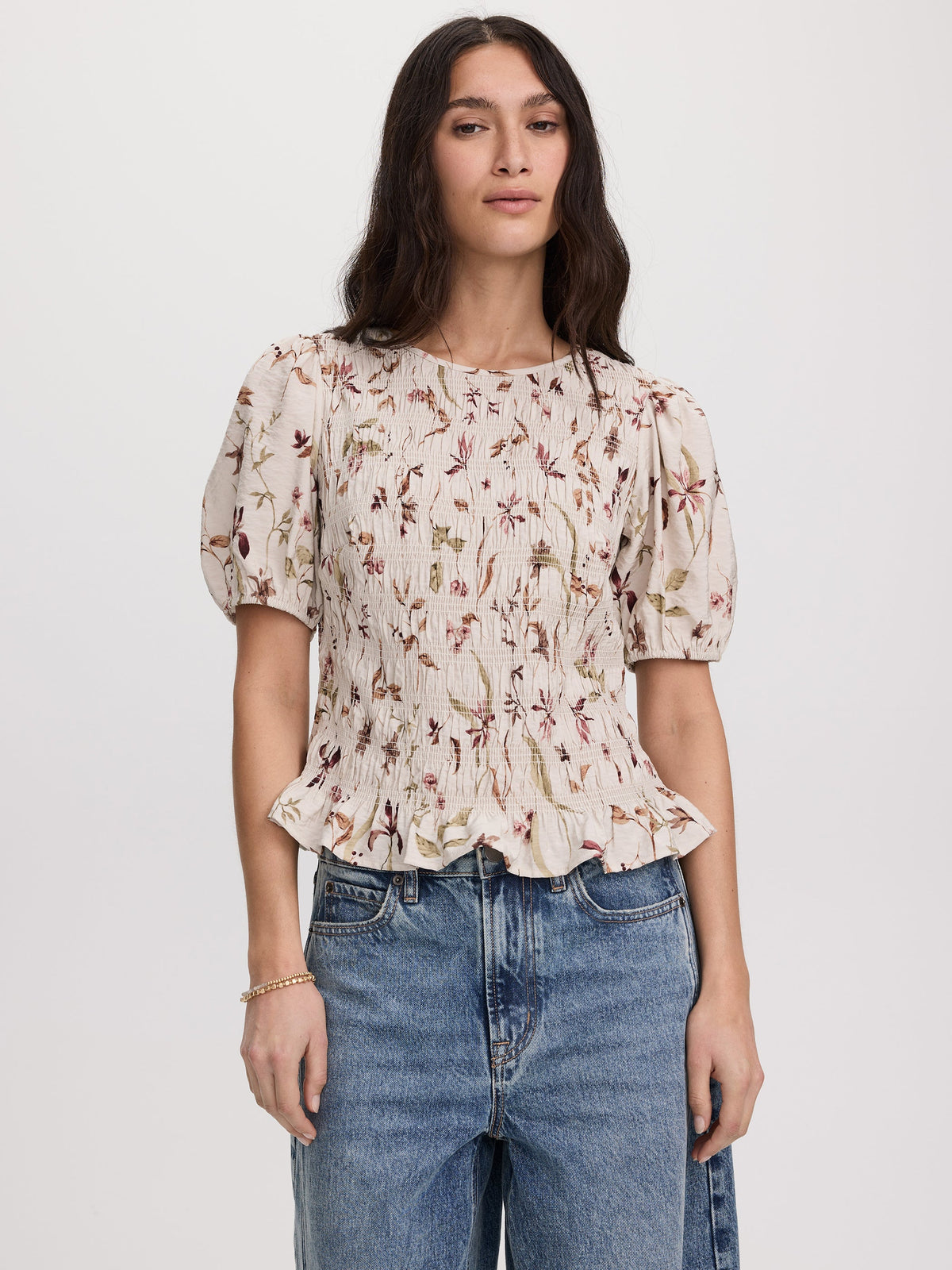 Smocked Blouse with Short Bubble Sleeves