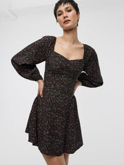 Long-Puffy-Sleeve Bustier Mini Dress with Sweetheart Neckline