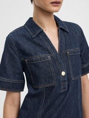 Elbow-Sleeve Shirt-Collar Denim Mini Dress
